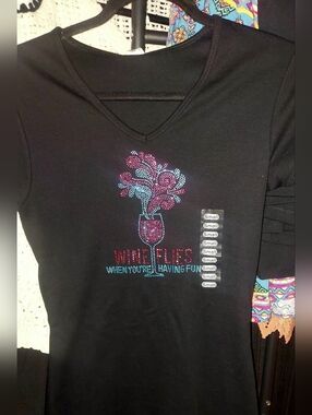 Black V-Neck Women’s Top with Wine Rhinestone Graphic